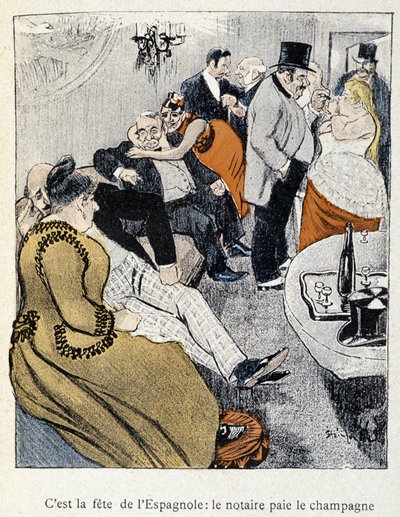 Filles et Marlous: Je to svátek Španělů: notář platí šampaňské - v „Dans la vie“ od Steinlena 1901 (stejná kresba jako č. 27695) od Théophile Alexandre Steinlen
