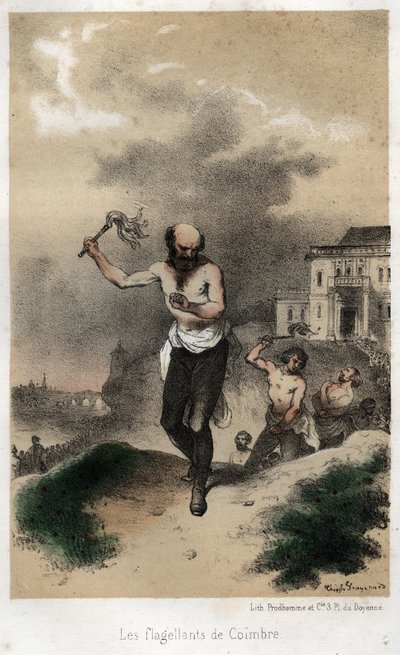 Flagellanti z Coimbre: Jezuité z Coimbry v Portugalsku činí pokání za svůj hřích veřejně bičováním kolem roku 1560. Rytina z roku 1845 v „“ Dramatická a malebná historie jezuitů od založení řádu až po současnost od Theophile Evariste Fragonard