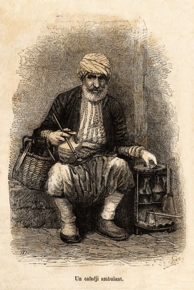 Kavárenský prodavač (cafedji) cestující na bazaru v Trebizonde (dnešní Trabzon, na pobřeží Černého moře), rytina podle kresby vypravěče, ilustrující cestu do Lazistanu a Arménie, z roku 1869, Theophile Deyrolle, vyd. v „“ Le to od Theophile Louis Deyrolle