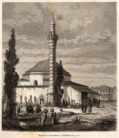 Mešita Giaour-Meidan (Giaour Meidan) v Trebizonde (dnešní Trabzon, na pobřeží Černého moře, Turecko), která byla kdysi byzantským kostelem, vyryta podle kresby vypravěče, ilustrující cestu do Lazistanu a Arménie, z roku 1869, tím od Theophile Louis Deyrolle