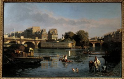 Nový most a špička Ile de la Cite. Pohled na Paříž. Obraz Theophila Meuniera (1800-1884) od Théophile Meunier