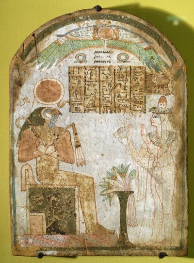 Stéla zobrazující Tachenes modlícího se před bohem Re-Horakhtym, 900 př. n. l. (malované dřevo) od Third Intermediate Period Egyptian