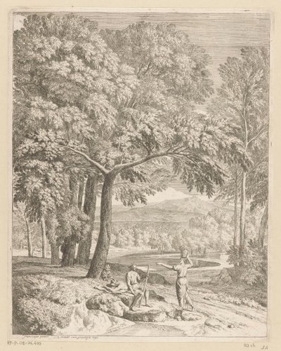 Arkádská krajina se dvěma muži a ženou nesoucí košík Suite de paysages (název série) od Théodore