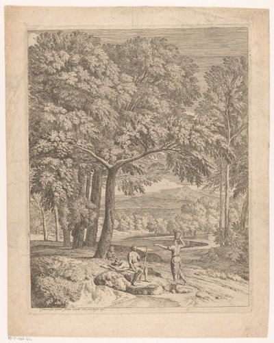 Arkádská krajina se dvěma muži a ženou nesoucí košík Suite de paysages (název série) od Théodore