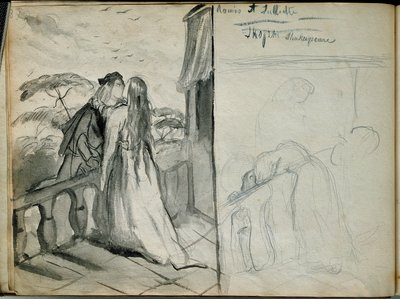 Milenci Romeo et Juliet Ilustrace stejnojmenného díla Williama Shakespeara (1564-1616) představující milence líbající se na balkóně. Skica Theodore Chasseriau (1819-1856) Paris. muzeum Louvre od Théodore Chassériau