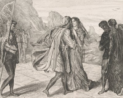 Ó můj spravedlivý válečníku!: deska 5 z Othello Act 2, scéna 1, leptané 1844, přetištěno 1900. od Théodore Chassériau
