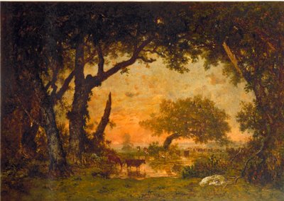 Výjezd z lesa ve Fontainebleau, západ slunce (olej na plátně od Pierre Etienne Theodore Rousseau