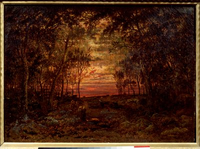 Západ slunce v lese Obraz Theodora Rousseaua (1812-1867) Barbizonská škola z 19. století. Ztlumit. 0,46x0,62m. Olej na plátně. . od Pierre Etienne Theodore Rousseau