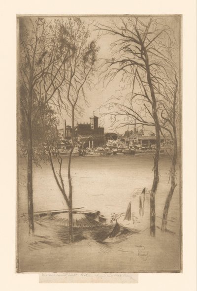 Pohled na řeku s přístavem a průmyslem Laburnums a Battersea od Théodore Roussel (signed by artist)