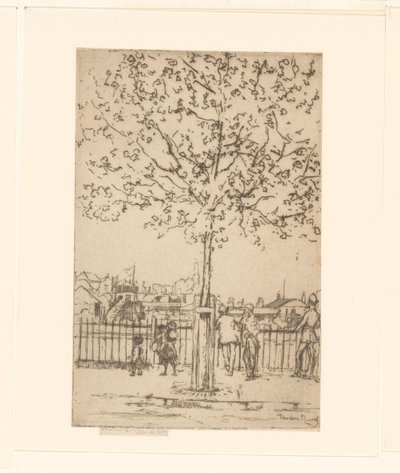 Šest postav u plotu podél řeky, v popředí strom Chelsea Embankment, červen, 17:00, 1889 od Théodore Roussel (signed by artist)