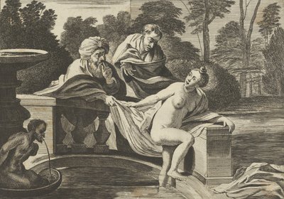 Susanna, částečně nahá a vycházející z fontány se dvěma staršími vlevo, jeden o..., ca. 1656-60. od Théodorus van Kessel
