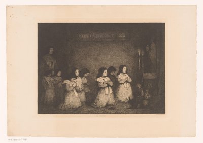 Skupina dívek v modlitbě před sochou Marie La Priere (název na objektu) Eaux-Fortes Modernes: Originales et Inédites (název série) od Théodule Augustin Ribot