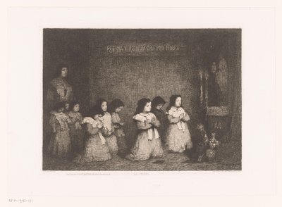 Skupina dívek v modlitbě před sochou Marie La Priere (název na objektu) Eaux-Fortes Modernes: Originales et Inédites (název série) od Théodule Augustin Ribot