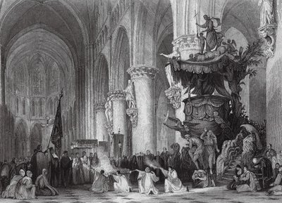 Katedrála sv. Gudula se slavnou vyřezávanou kazatelnou, Brusel (rytina) od Thomas (after) Allom