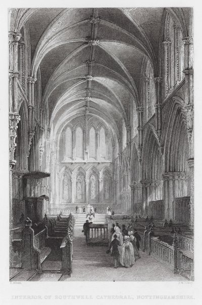 Interiér katedrály Southwell, Nottinghamshire (rytina) od Thomas (after) Allom