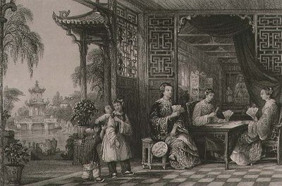 Dámy z mandarínské rodiny v Cards, z „Čína v řadě pohledů“ od George Newenhama Wrighta (asi 1790-1877) 1843 (rytina) od Thomas (after) Allom