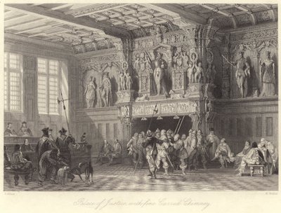 Justiční palác, s jemným vyřezávaným komínem, Bruggy (rytina) od Thomas (after) Allom