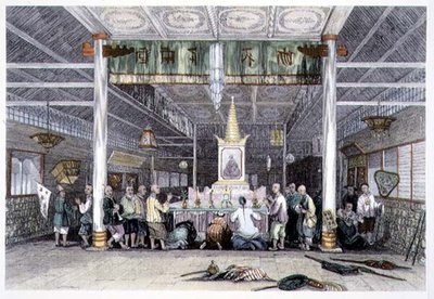 Buddhův chrám, Kanton, z „Čína v řadě pohledů“ od George Newenhama Wrighta (asi 1790-1877) 1843 (barevná rytina) od Thomas (after) Allom