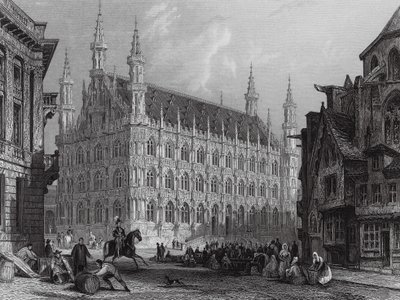 Louvainská radnice s částí katedrály (rytina) od Thomas (after) Allom