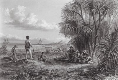 Austrálie: Tábor objevitelů (rytina) od Thomas (after) Baines