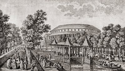 Ranelagh Gardens, Chelsea, Londýn, Anglie. Exteriér rotundy v Ranelagh Gardens, „čínský dům“ a část areálu, po rytině Thomase Bowlese od Thomas (after) Bowles
