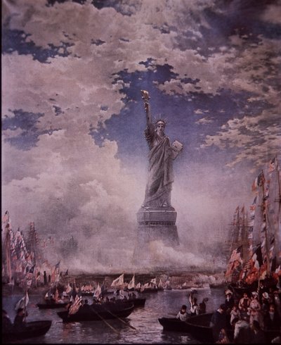 Odhalení Sochy Svobody v New York Harbor, 28. října 1886 (barevně lito) od Thomas (after) Moran