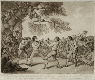 Boxerský zápas mezi Danielem Mendozou a Richardem Humphreysem ve Stiltonu, Huntingdonshire, 6. května 1789, vyryl Joseph Grozer (asi 1755-99) (rytina) od Thomas (after) Rowlandson