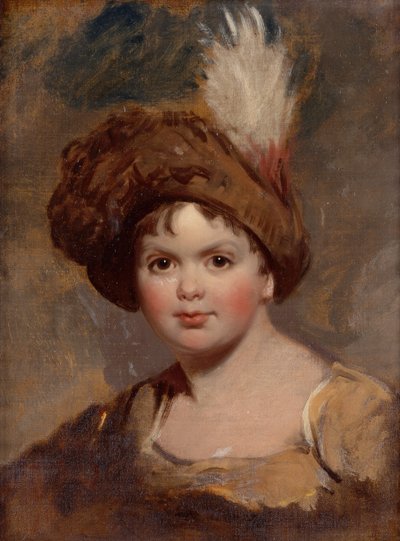 Portrét chlapce v hnědém kostýmu s kloboukem s pírkem (skica) (olej na plátně) od Thomas (attr. to) Lawrence