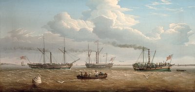 Tři kolesové parníky, "Kingston", "Prince Frederick" a "Calder" ze Selby v Hull Roads, asi 1823 (olej na plátně) od Thomas A. Binks