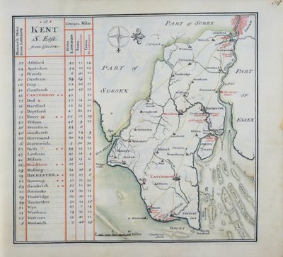Kent, deska 39r, z Kompletní sady map Anglie a Walesu obecně..., 1724 (pero a inkoust a wc na papíře) od Thomas Badeslade