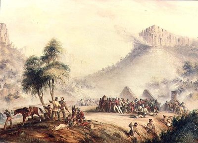 Na hlídku plukovníka Yarborougha zaútočili ve Waterkloof Kaffir a Rebel Hottentots od Thomas Baines