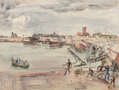 Doky ex entrepots (sic) v Port of Calais Bassin Ouest, 1944 (tužka, pero, inkoust, štětec a wc na papíře) od Thomas Barclay Hennell
