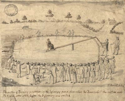 Ducking prostitutky, Manchester, 1819 (pero a inkoust a pero na papíře) od Thomas Barritt