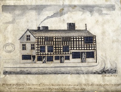 Old House on Hanging Ditch, Manchester, 1819 (pero a inkoust a mytí na papíře) od Thomas Barritt