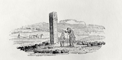 Muž a chlapec u pomníku z „Historie britských ptáků a čtyřnožců“ od Thomas Bewick
