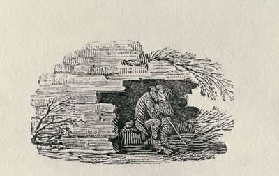 Sedící muž v úkrytu „Historie britských ptáků a čtyřnožců“ (rytina) od Thomas Bewick