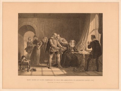 Skotská královna Marie nucena podepsat svou abdikaci na zámku Lochleven, 1567, 1878 od Thomas Brown
