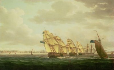 Nelson na „Theseus“ s Inshore Squadron u Cádizu, červenec 1797, od Thomas Buttersworth