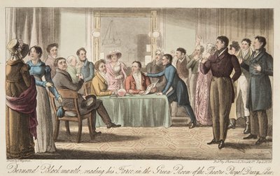 Bernard Blackmantle čte svou frašku v Zeleném sále divadla Covent Garden, z knihy The English Spy, pub. 1824 (ručně kolorovaná rytina) od Thomas Charles Wageman