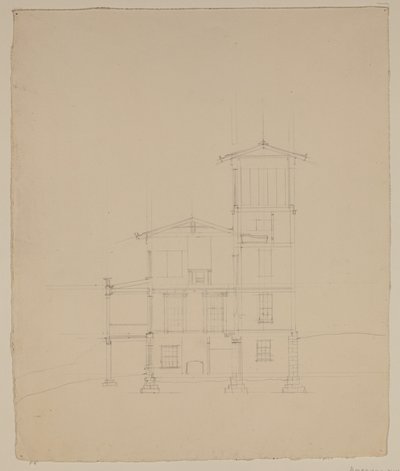 Kresba navrhované vily v Catskill, kolem 1801-48 (grafitová tužka na špinavě bílém tkaném papíře) od Thomas Cole