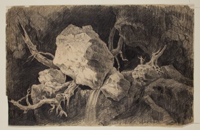 Lovec stojící v jeskyni poblíž skály a vodopádu, kolem roku 1828 (grafitová tužka) od Thomas Cole