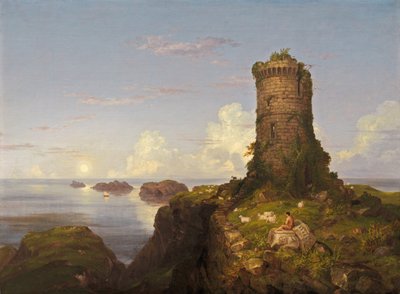 Scéna italského pobřeží se zničenou věží od Thomas Cole