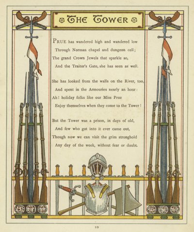 Verš o Tower of London s obrázky brnění a zbraní od Thomas Crane