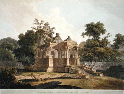 Starověký hinduistický chrám ve Fort of Rotas, Bahar, deska 12 z „Oriental Scenery: Twenty Four Views in Hindoostan“, vydané v roce 1796 (barevné litho) od Thomas Daniell