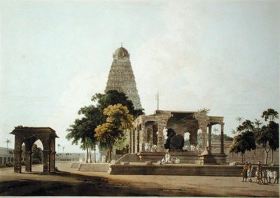 Velký býk, Hindoo Idol, At Tanjore, deska XXII z „Oriental Scenery“, vydané v roce 1798 (barevná akvatinta) od Thomas Daniell