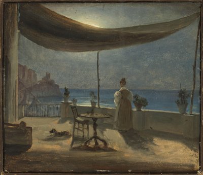 Terasa v Amalfi za měsíčního svitu, kolem roku 1834 (olej na papíře připevněný na palubě) od Thomas Fearnley