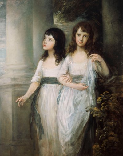 Skupinový portrét slečny Sloperové, obě stojící téměř po celé délce v bílých šatech s modrými vlečkami, od Thomas Gainsborough