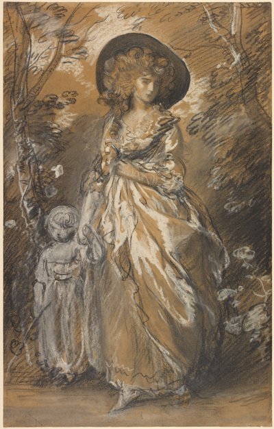 Dáma procházející se v zahradě s dítětem od Thomas Gainsborough