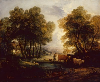 Zalesněná krajina s pastevcem, krávami a ovcemi u jezírka (olej) od Thomas Gainsborough