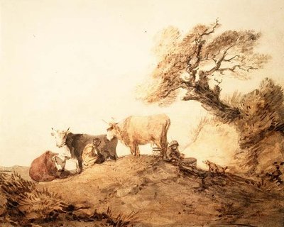 Dobytek s dobytkem a psem pod stromem (akvarel) od Thomas Gainsborough